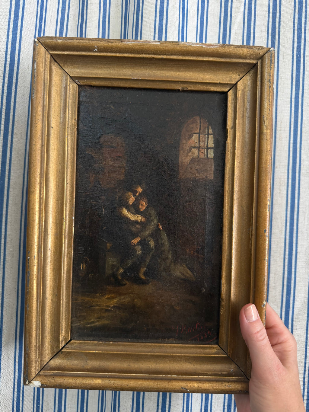 Small French Oil Painting of a Prisoner, 1884