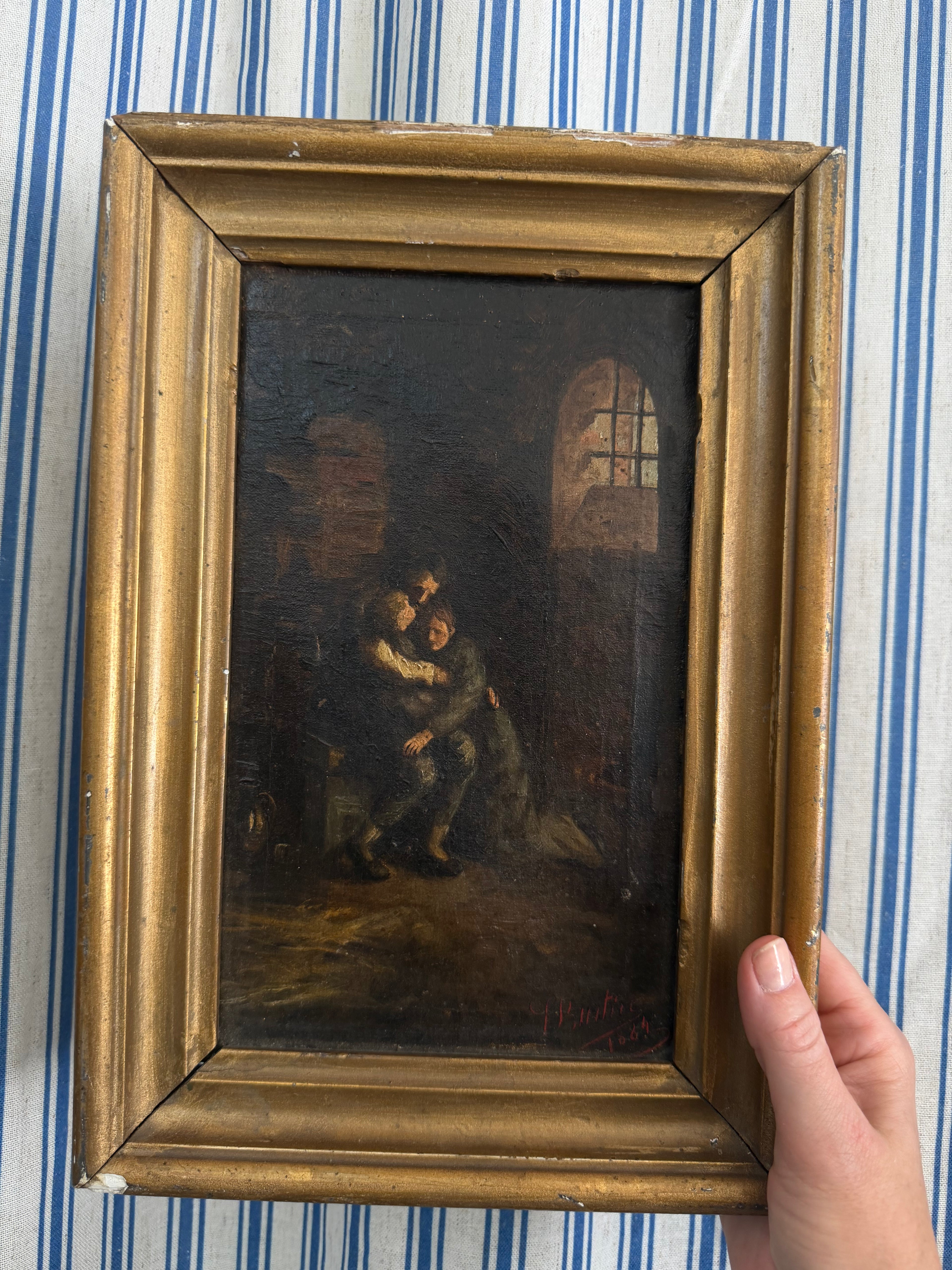 Small French Oil Painting of a Prisoner, 1884