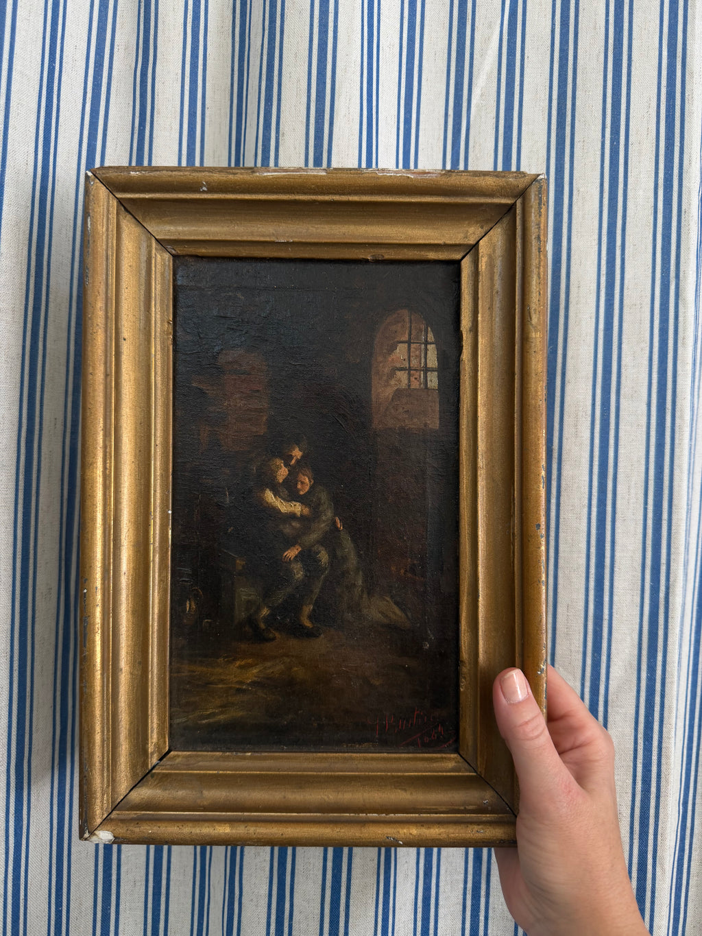 Small French Oil Painting of a Prisoner, 1884