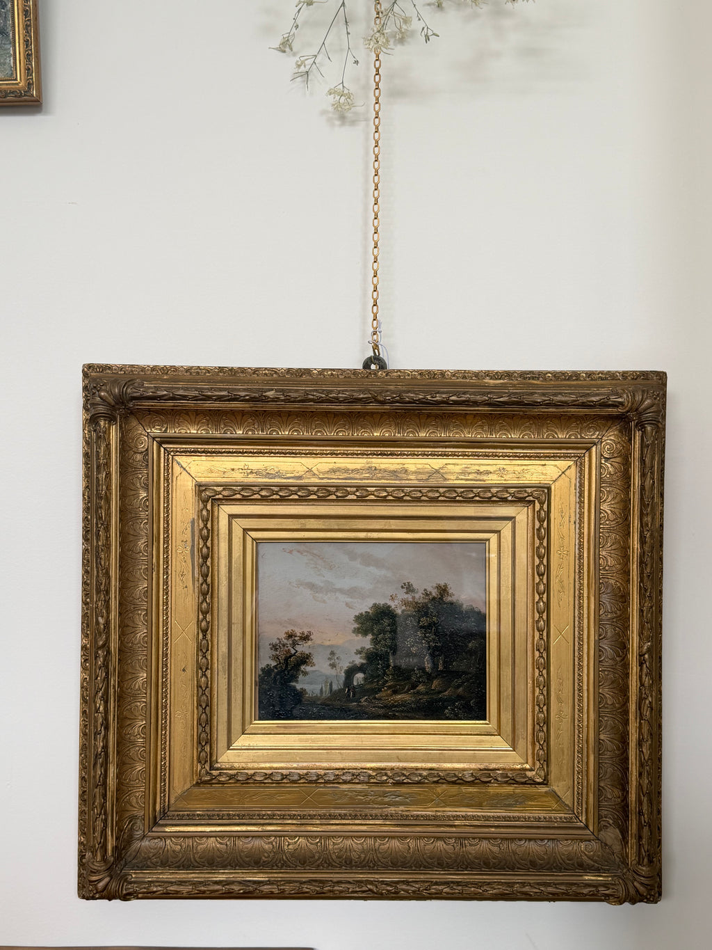 Early 19th C. English Landscape Oil Painting in Elaborate Gilt Frame