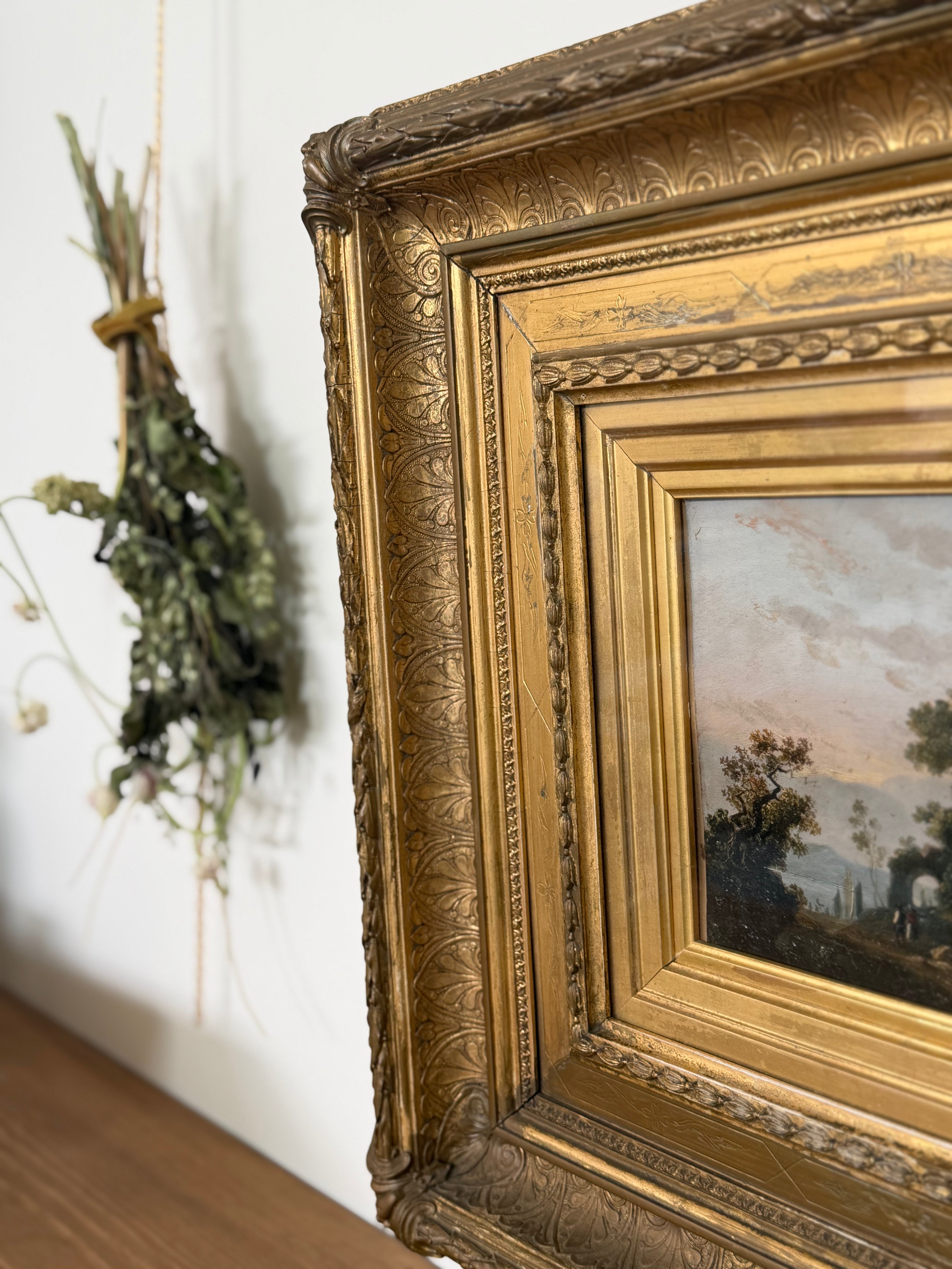 Early 19th C. English Landscape Oil Painting in Elaborate Gilt Frame