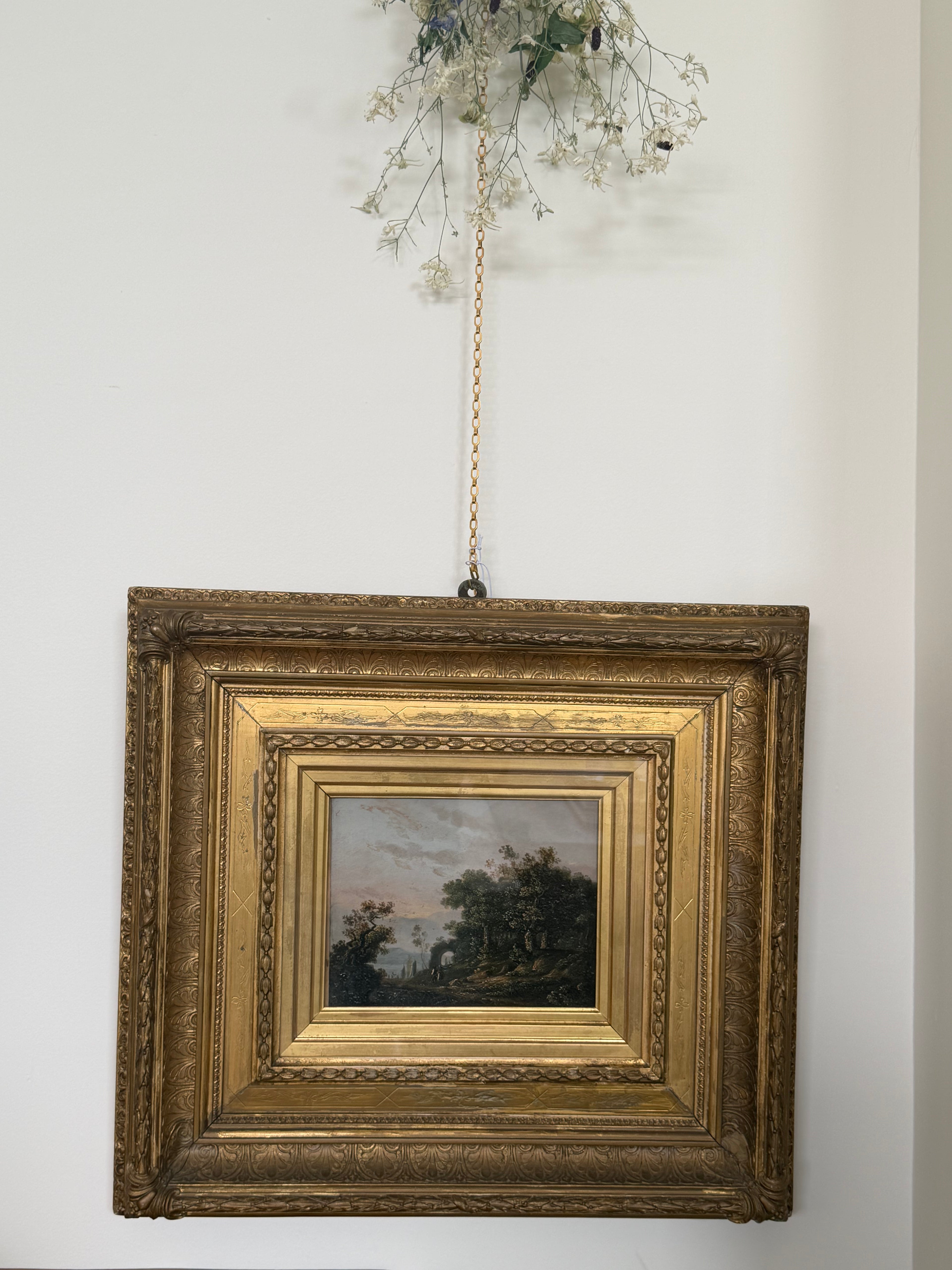 Early 19th C. English Landscape Oil Painting in Elaborate Gilt Frame