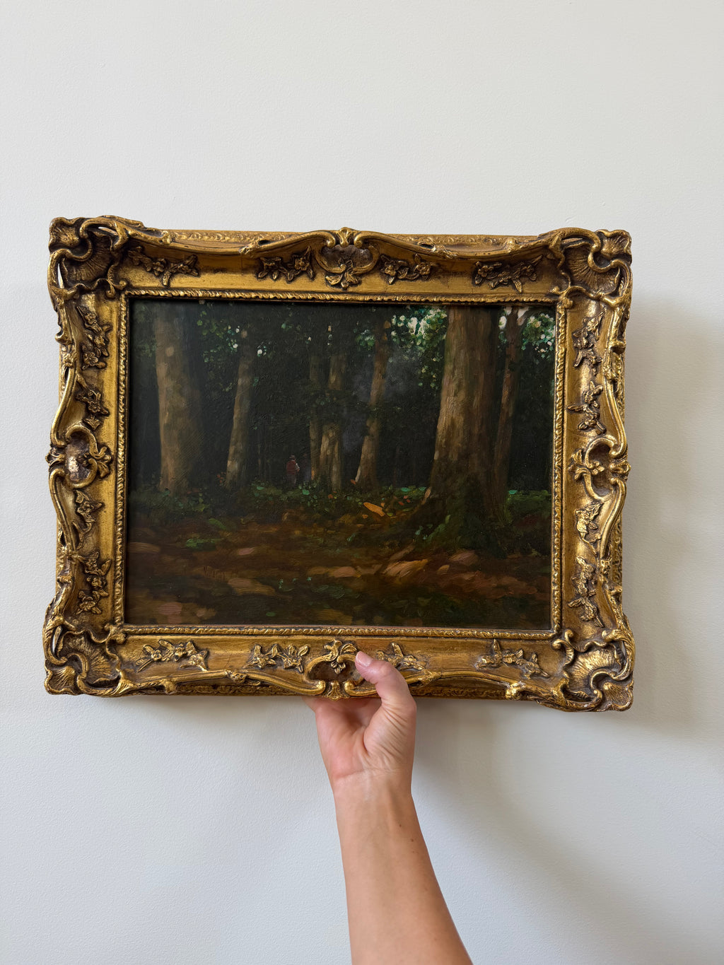 Oil Painting of Figures in the Woods, Signed