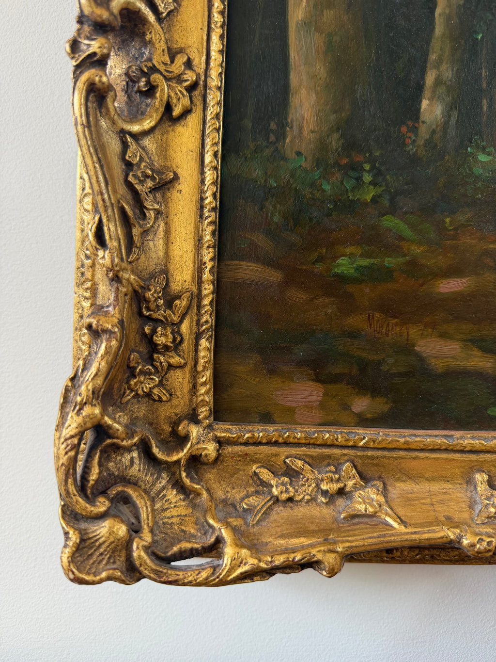 Oil Painting of Figures in the Woods, Signed