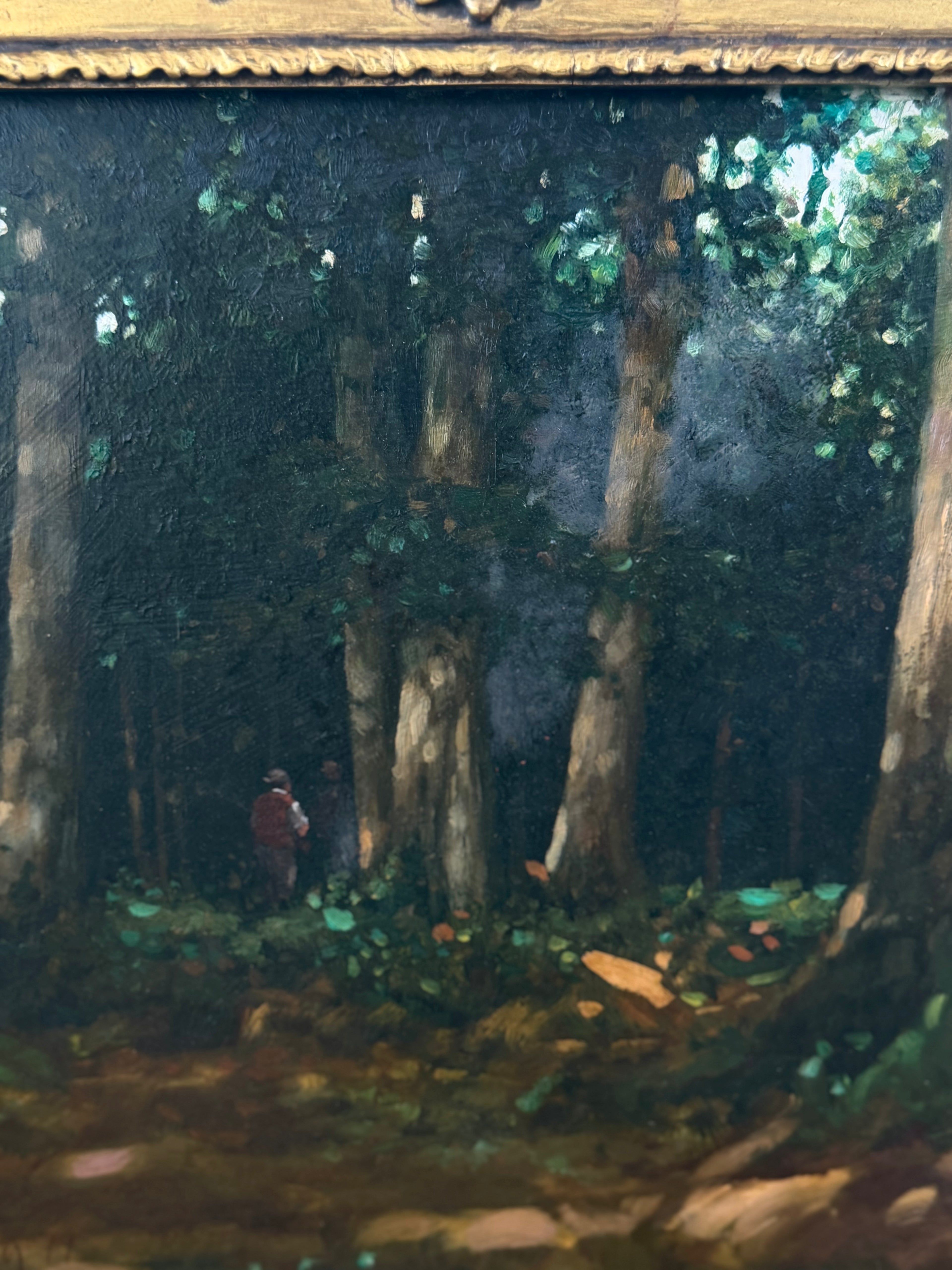 Oil Painting of Figures in the Woods, Signed