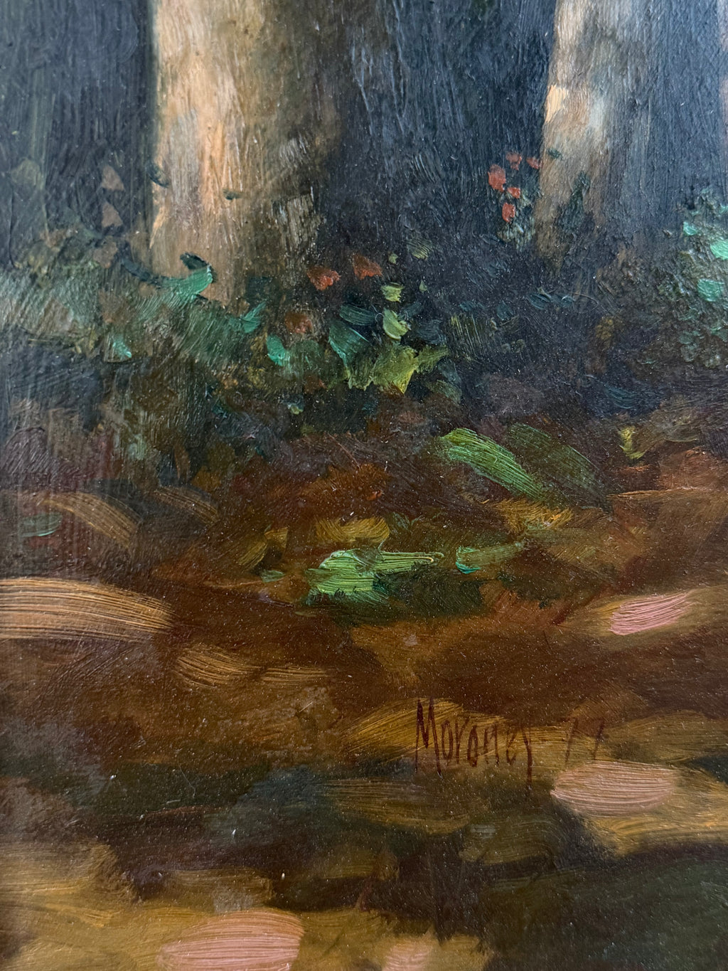 Oil Painting of Figures in the Woods, Signed