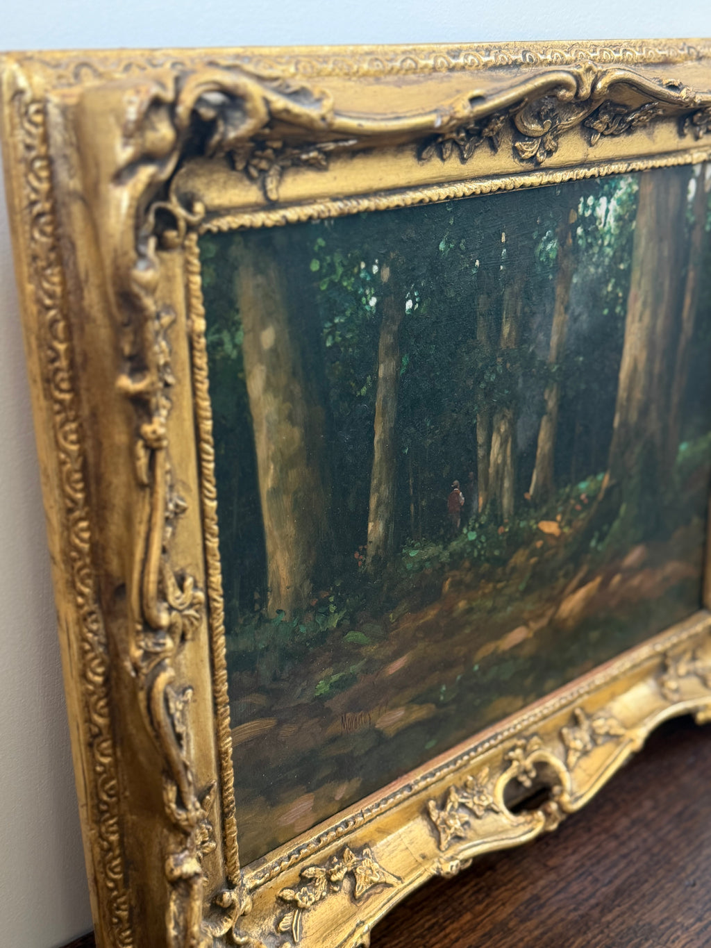 Oil Painting of Figures in the Woods, Signed