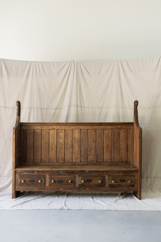 Antique English Settle Bench with Hymnal Drawers