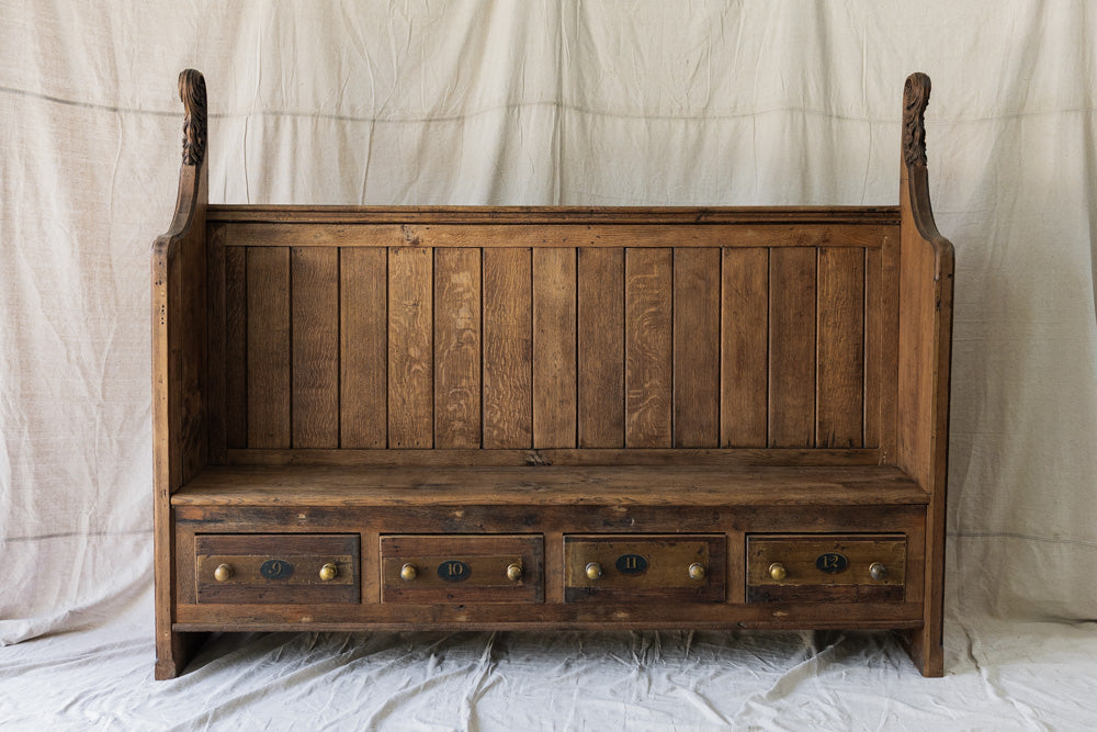 Antique English Settle Bench with Hymnal Drawers